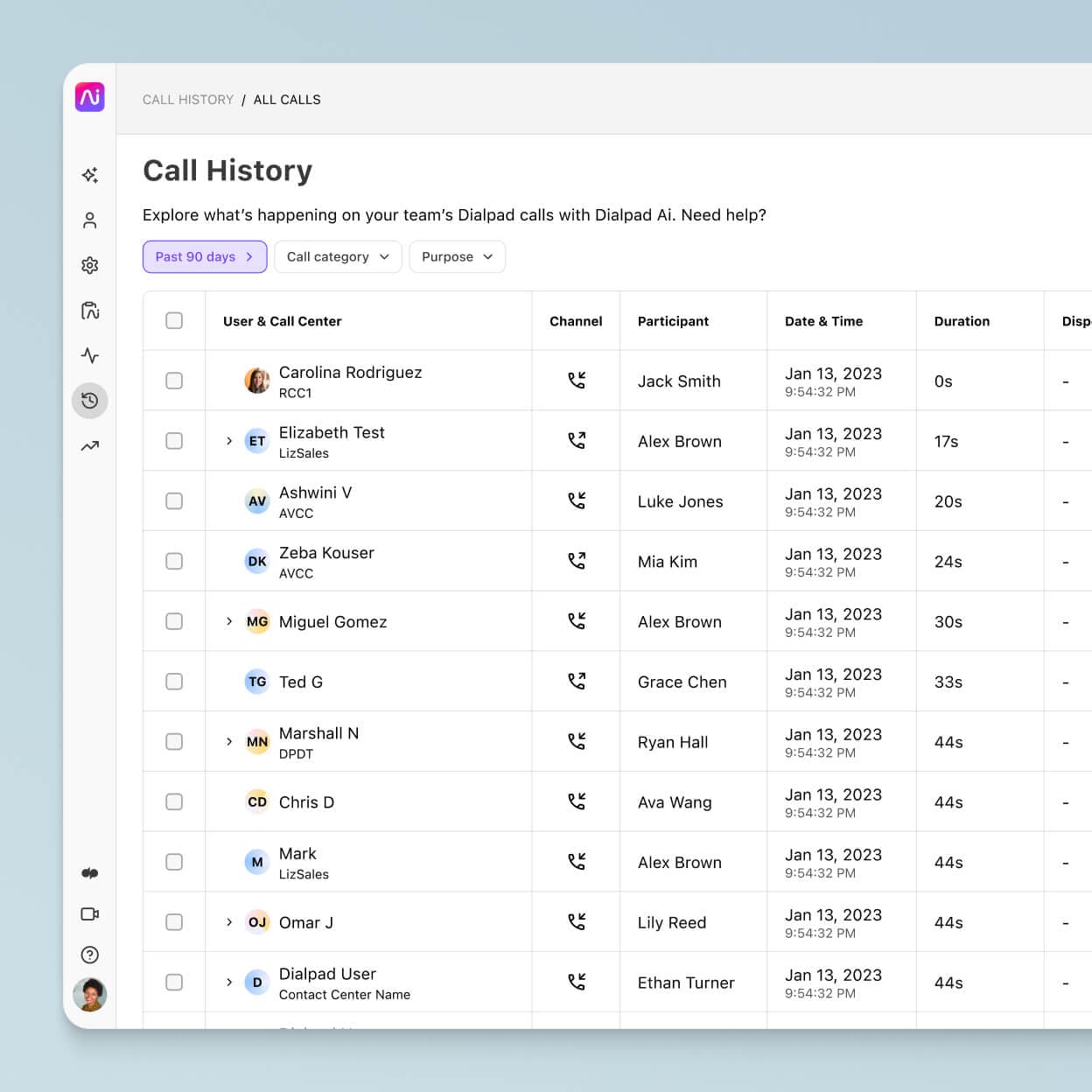 Screenshot showing a call history in Dialpad