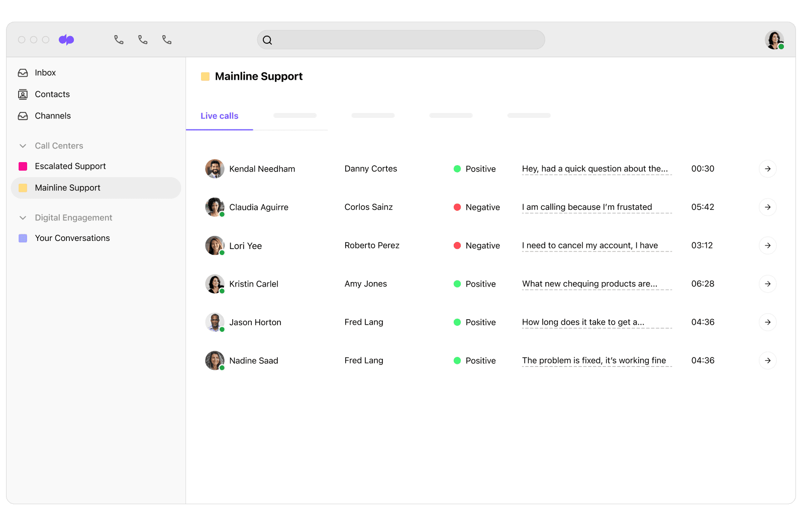 Screenshot of Dialpad Ai analyzing the sentiment during a live call