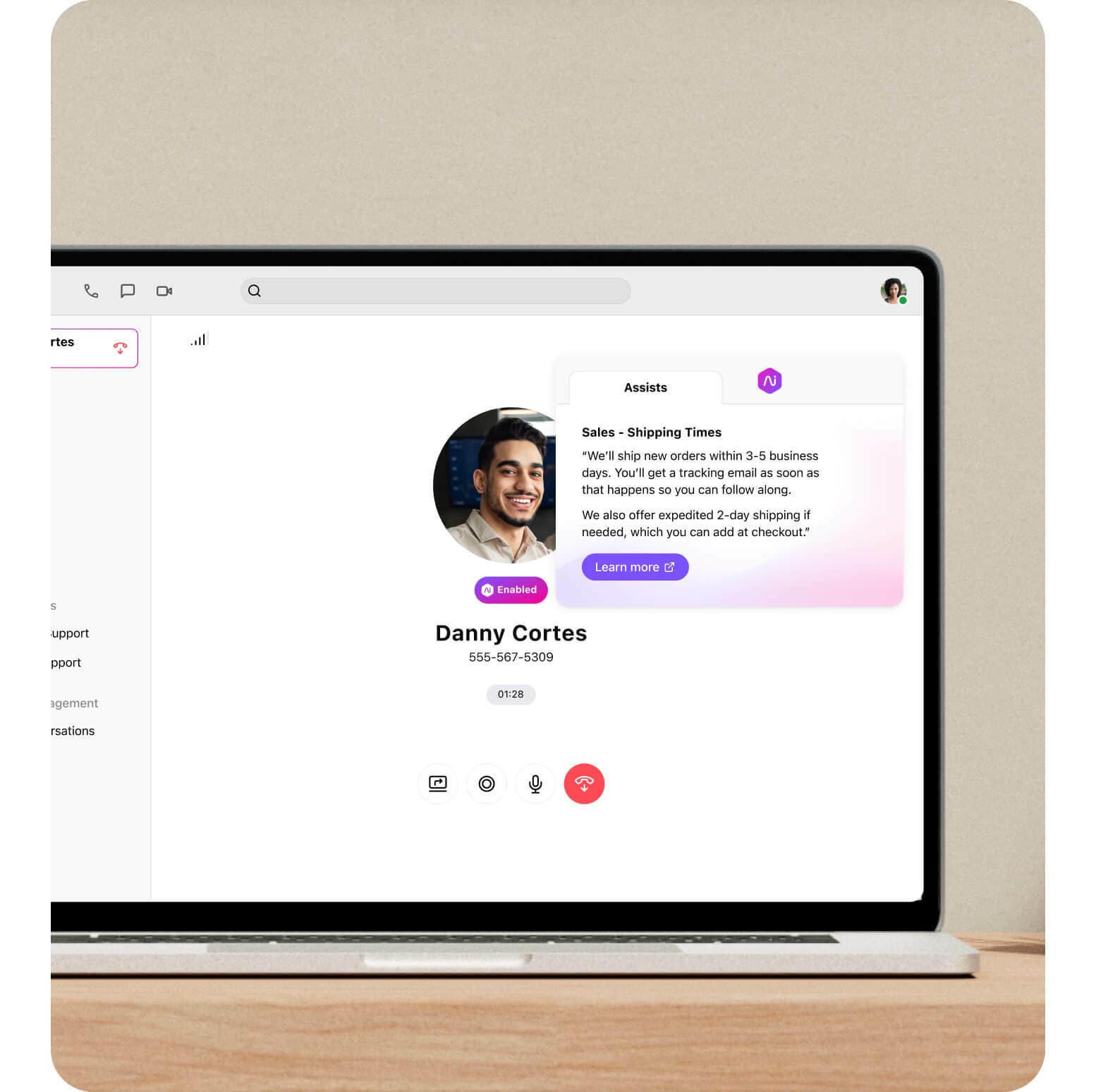 Computer monitor showing a call pop on a screen in dialpad's desktop app