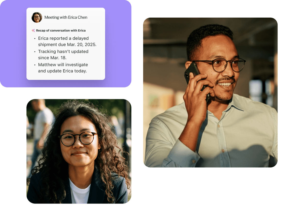 Screenshot of an Ai Recap of a conversation, Image of a person using a mobile phone, Image of a person smiling