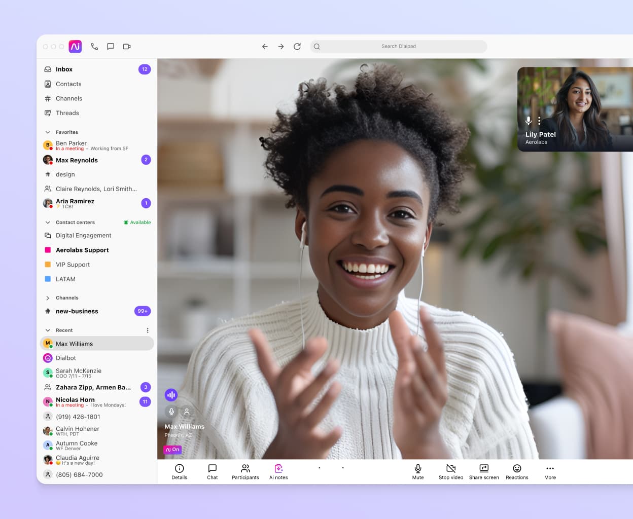Screenshot of Dialpad's video conferencing interface displaying a video feed with two participants