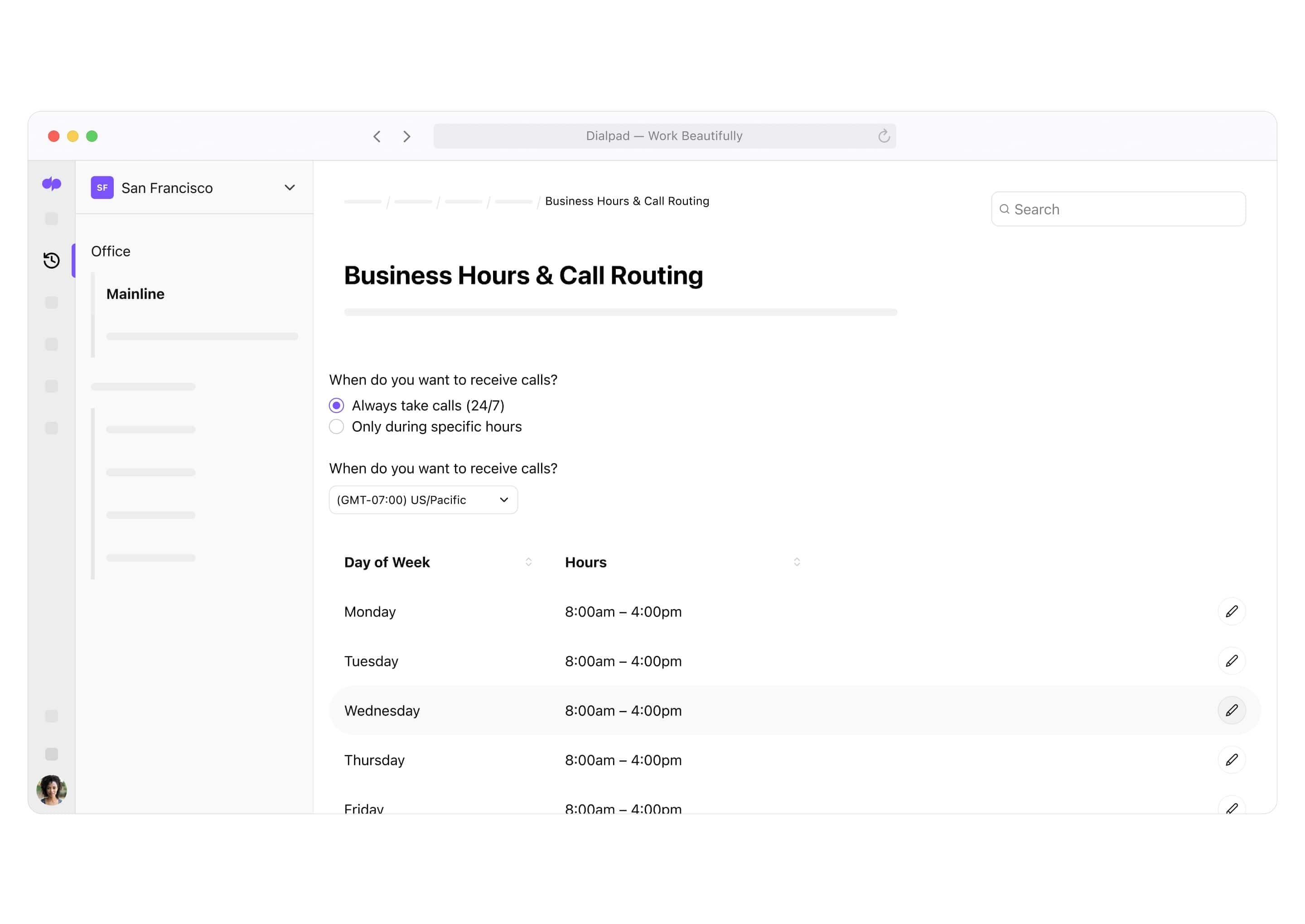 Screenshot of Dialpad's call routing options