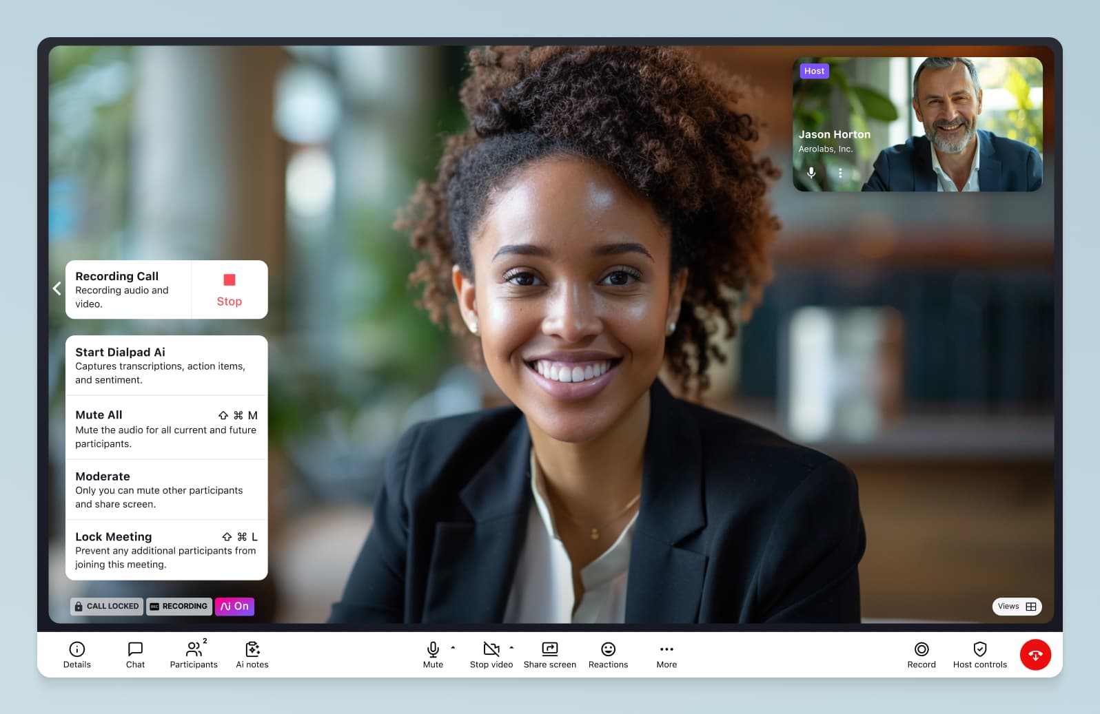 Screenshot of locking a video conference in Dialpad using the built-in security controls
