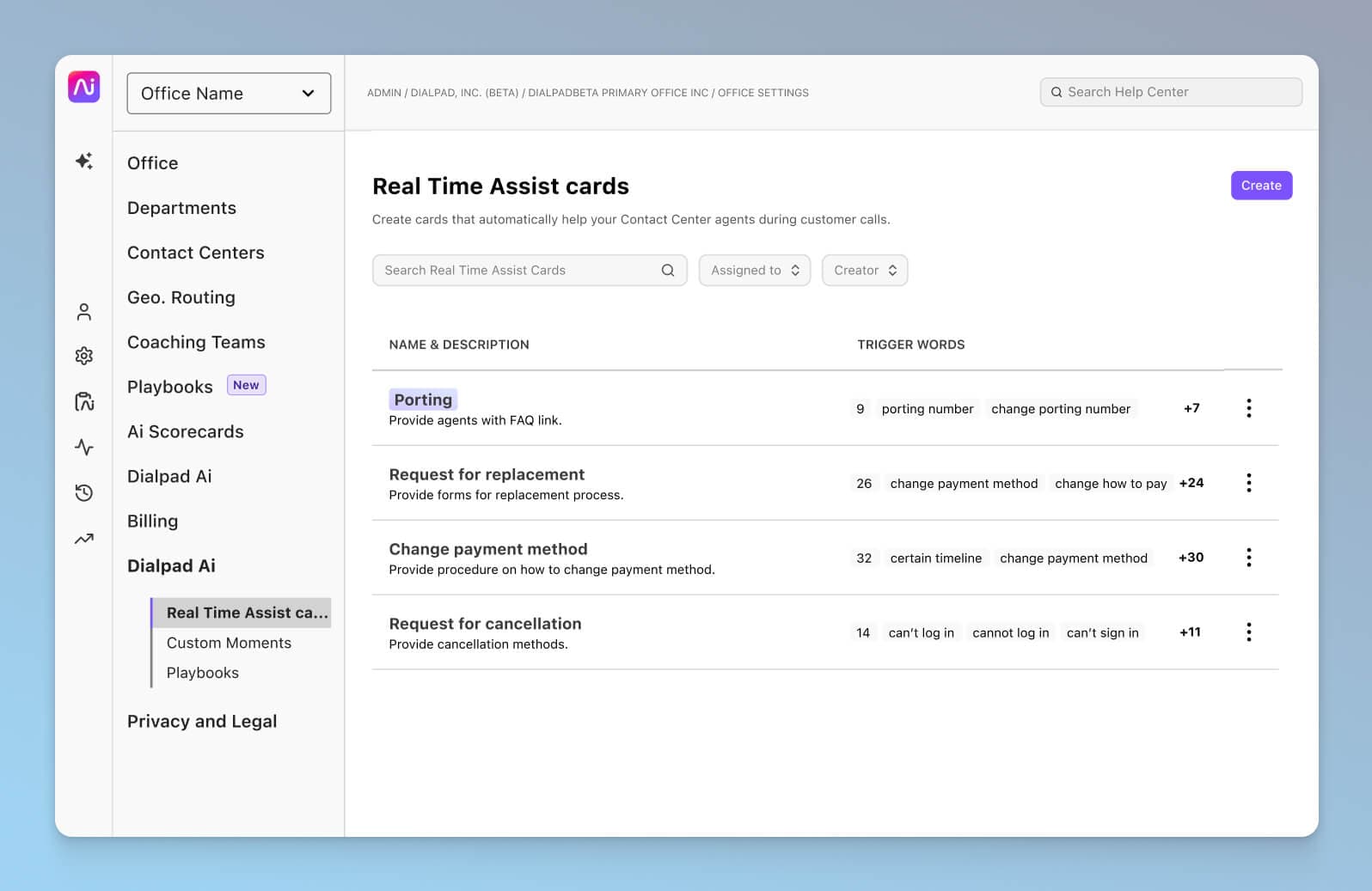 Screenshot of Real-time Assist (RTA) cards in Dialpad, created by admins to automatically guide contact center agents during calls