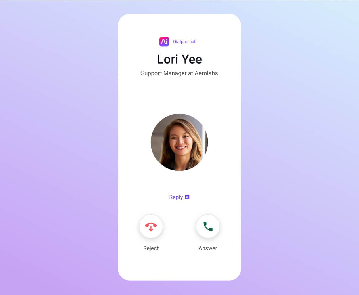 An incoming Dialpad call showing caller information