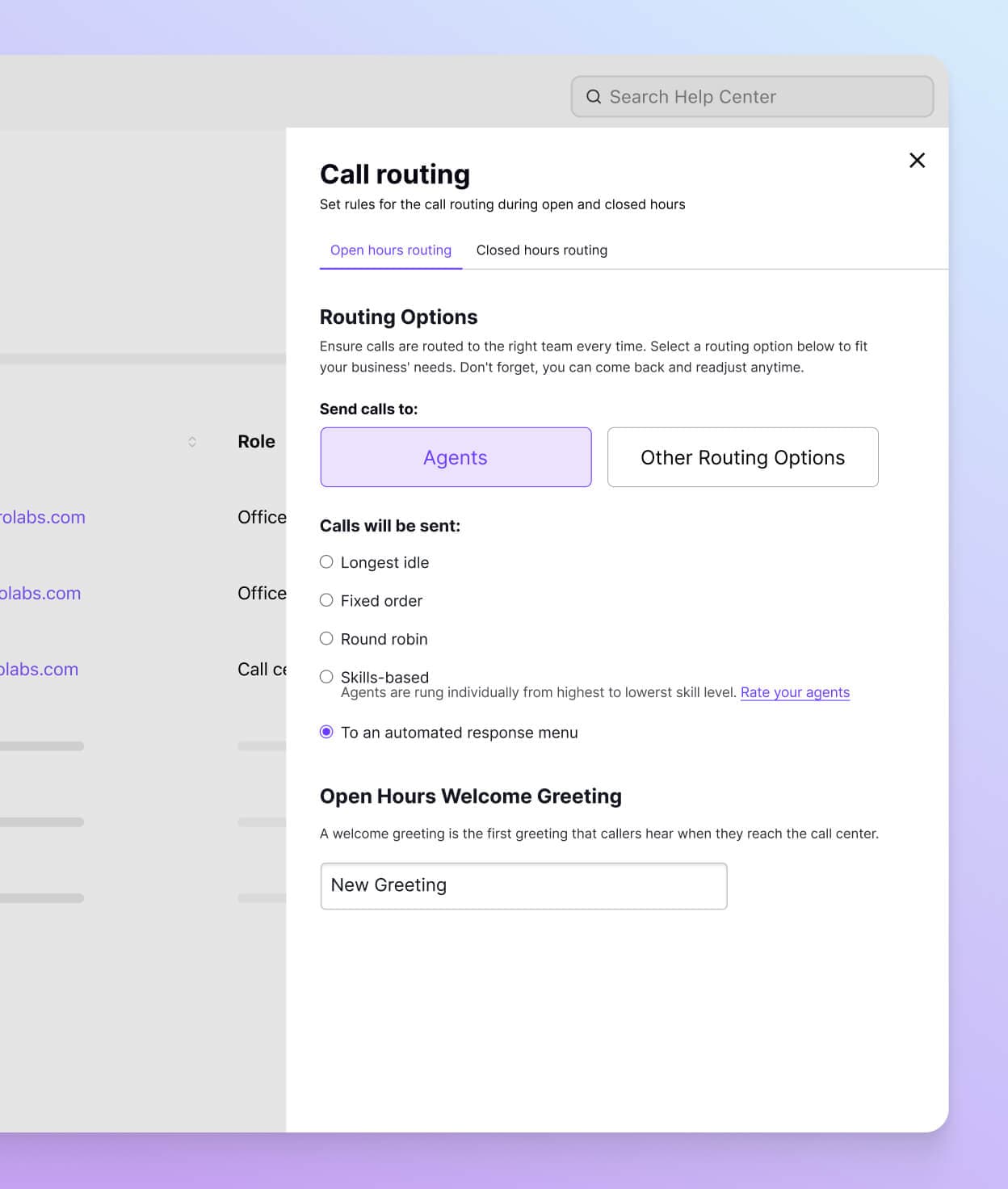 Screenshot of Dialpads call routing options