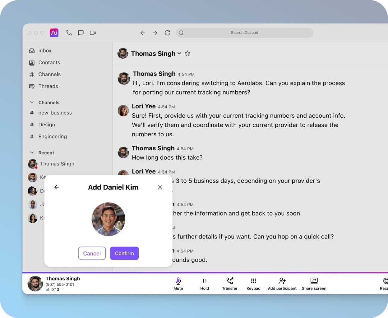 Adding participants to a meeting in Dialpad's video conferencing interface