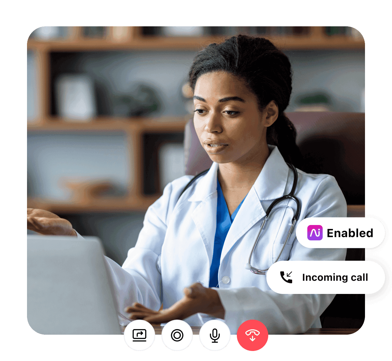 A healthcare professional attending to a video conference call