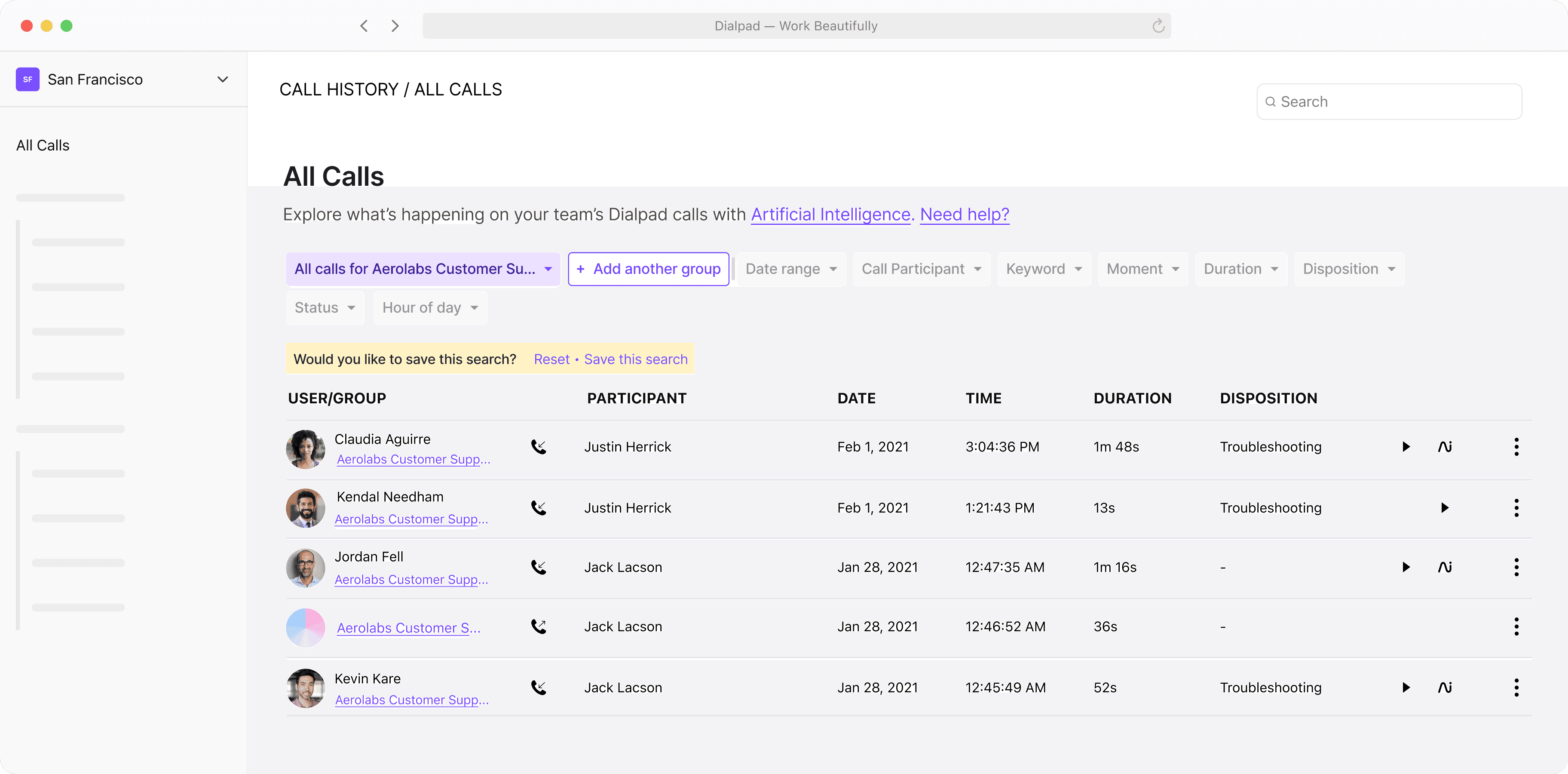 Screenshot of call tagging within Dialpad to categorise different calls