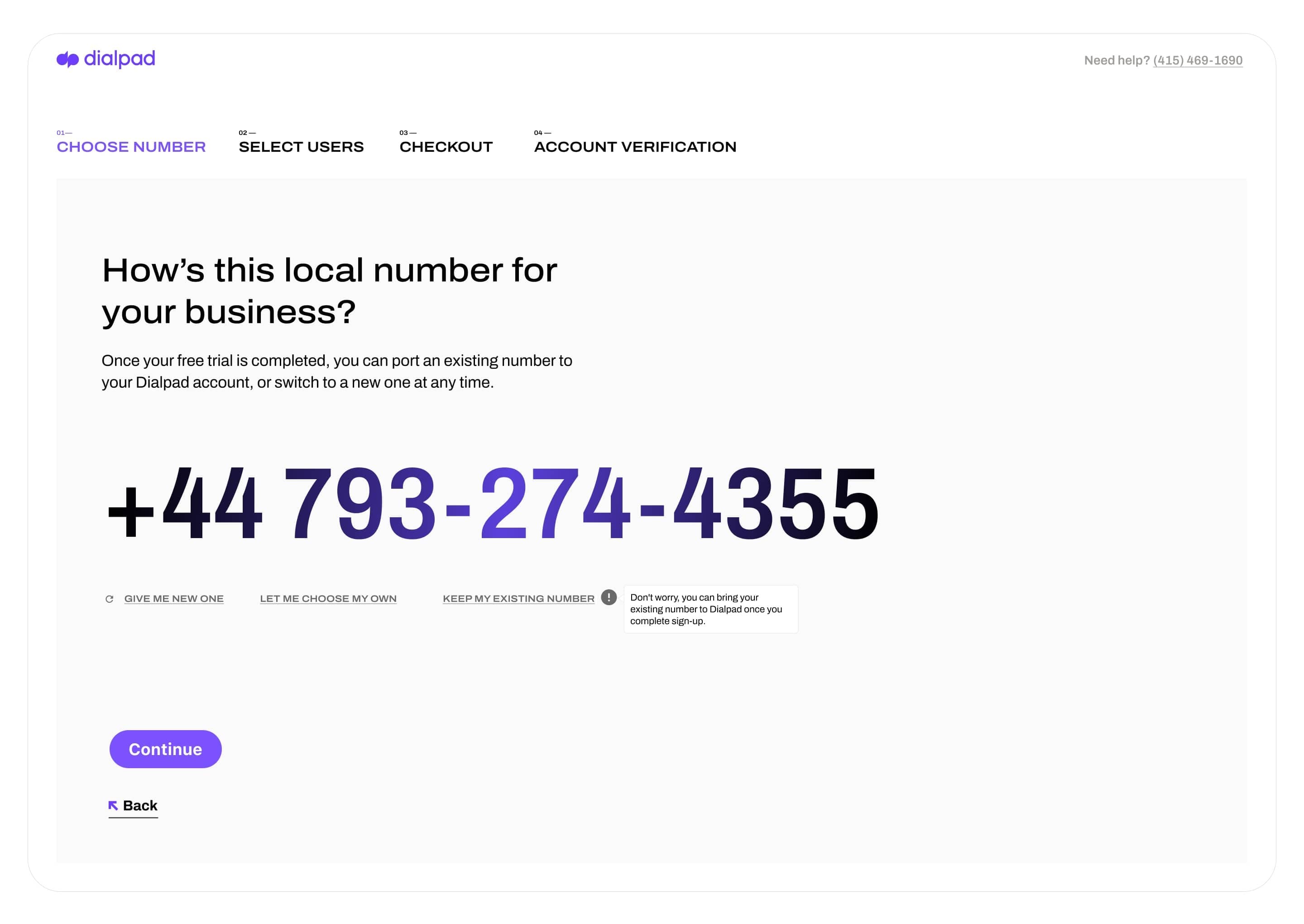 Screenshot of setting a new phone number from Dialpad's online dashboard