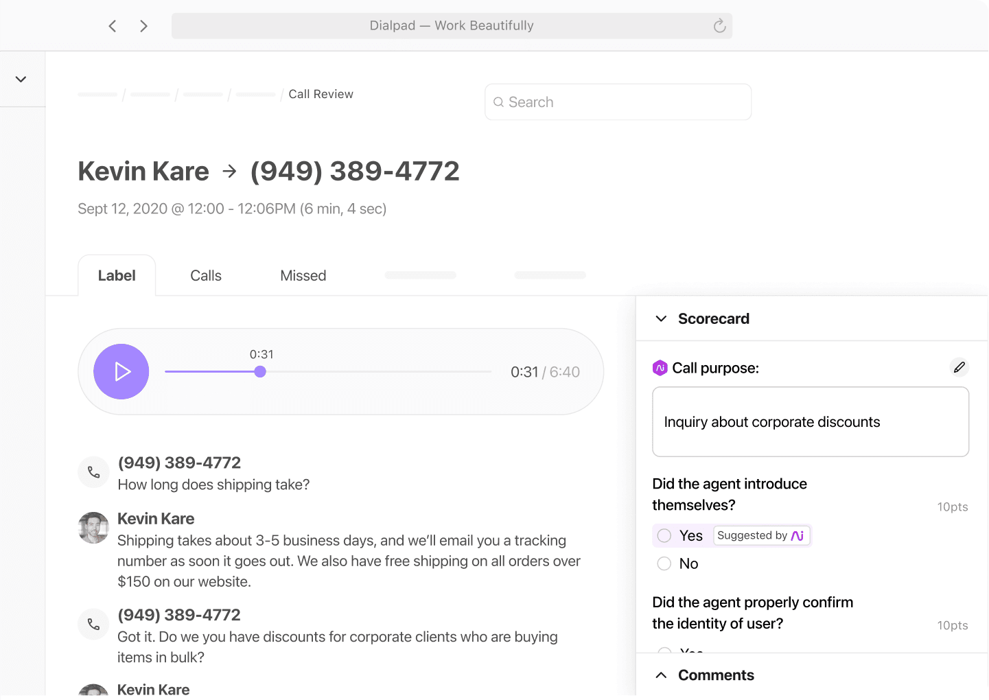 Screenshot of Dialpad AI Scorecard showing which part of the call an agent met the criteria