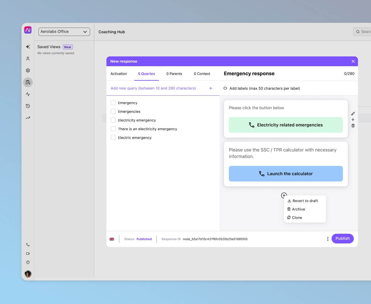 Screenshot of a chatbot response flow using Dialpad's no-code drag-and-drop builder.