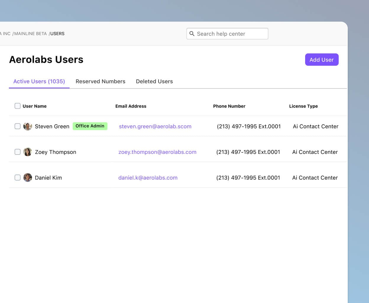 Screenshot of managing users on Dialpad