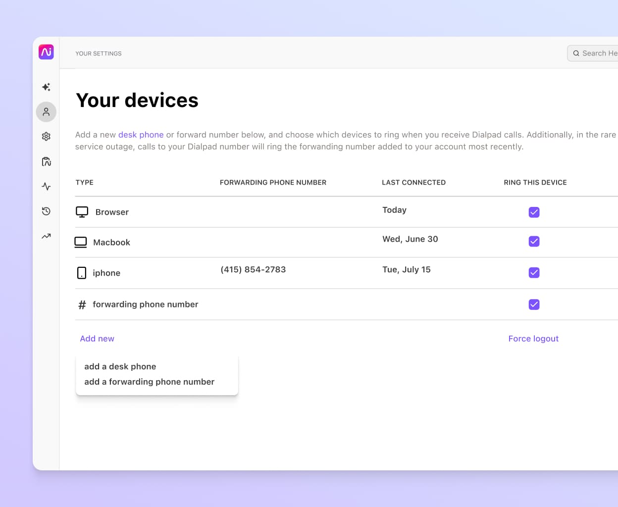 screenshot of call forwarding option in dialpad