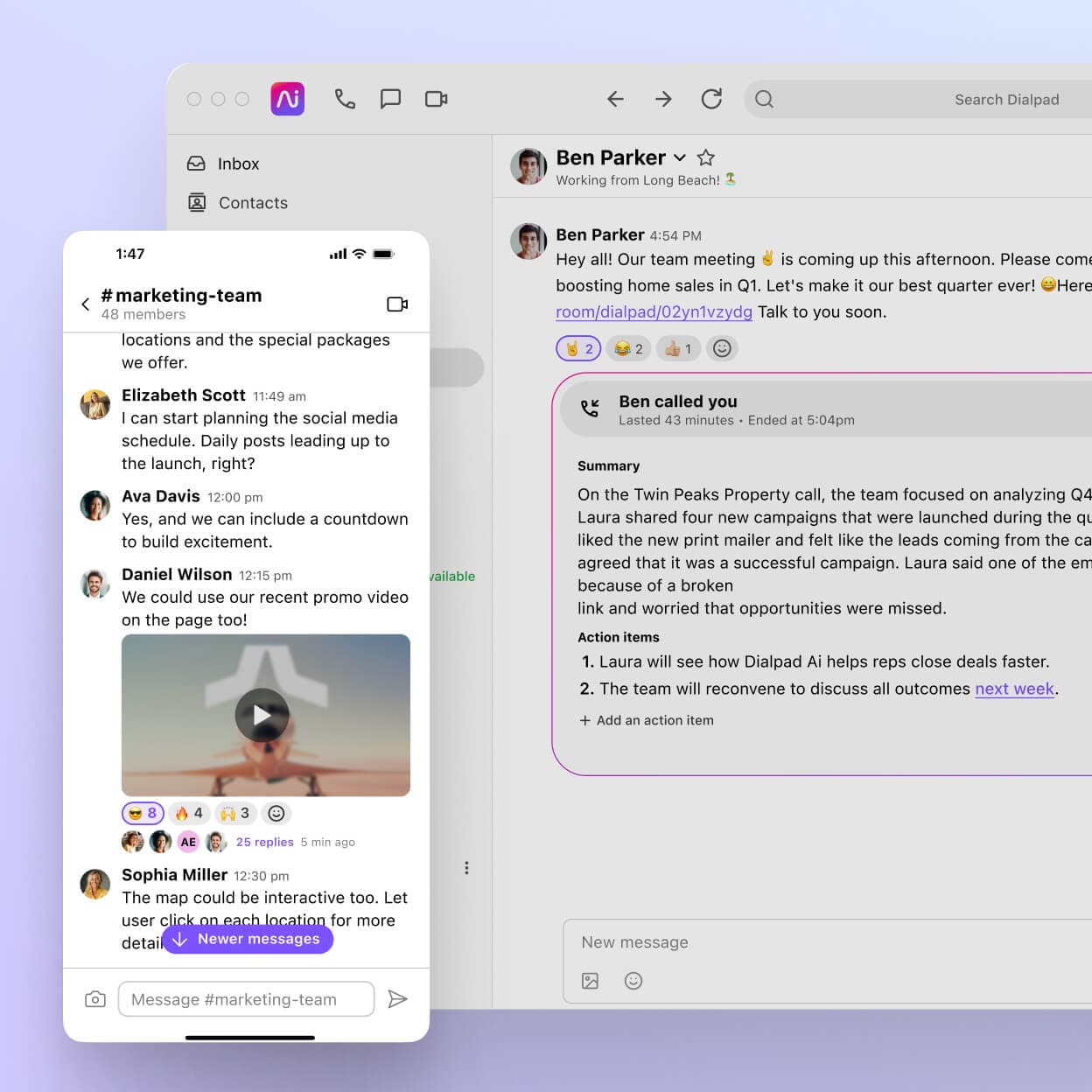 Screenshot of business text messaging features in Dialpads desktop and mobile applications