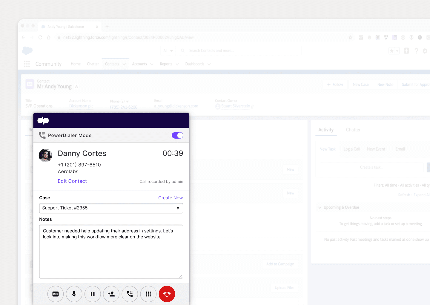 Screenshot of Dialpad's Salesforce integration automatically populating a call's details.