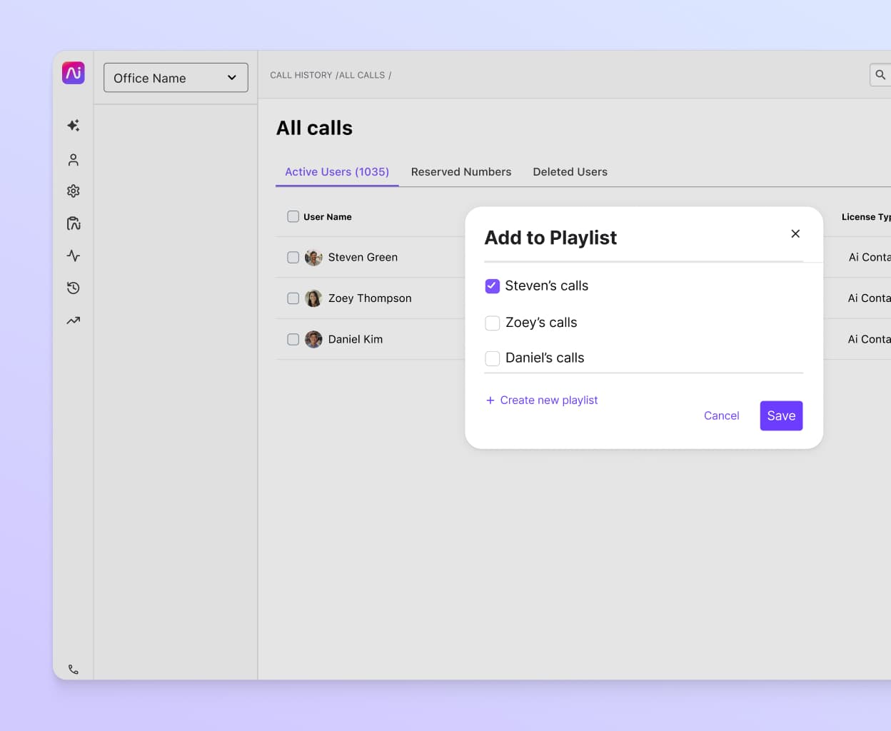 Screenshot of creating a coaching call recording playlist in Dialpad app