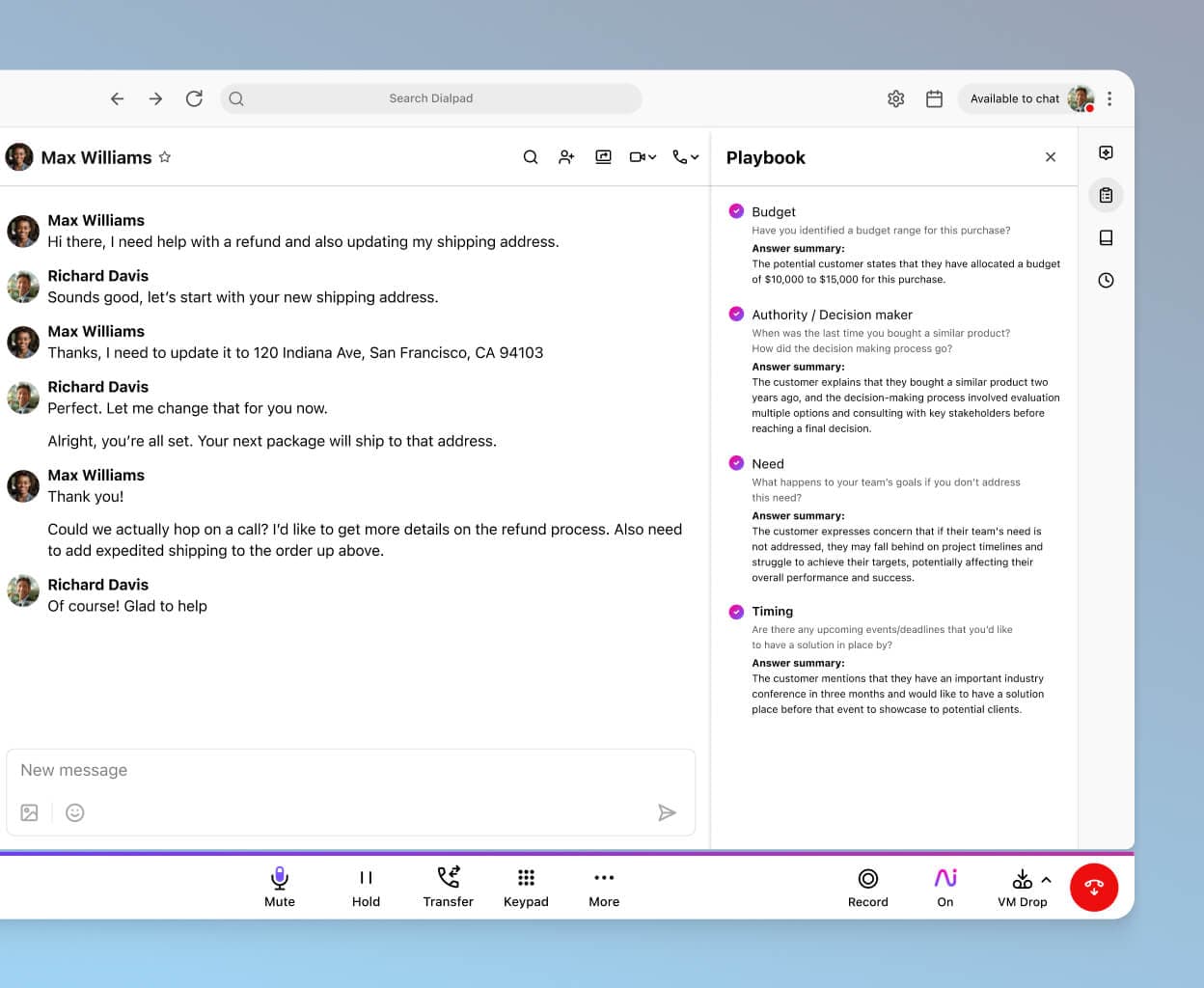 Screenshot of Dialpad AI suggesting BANT sales playbook tasks for a rep in real time
