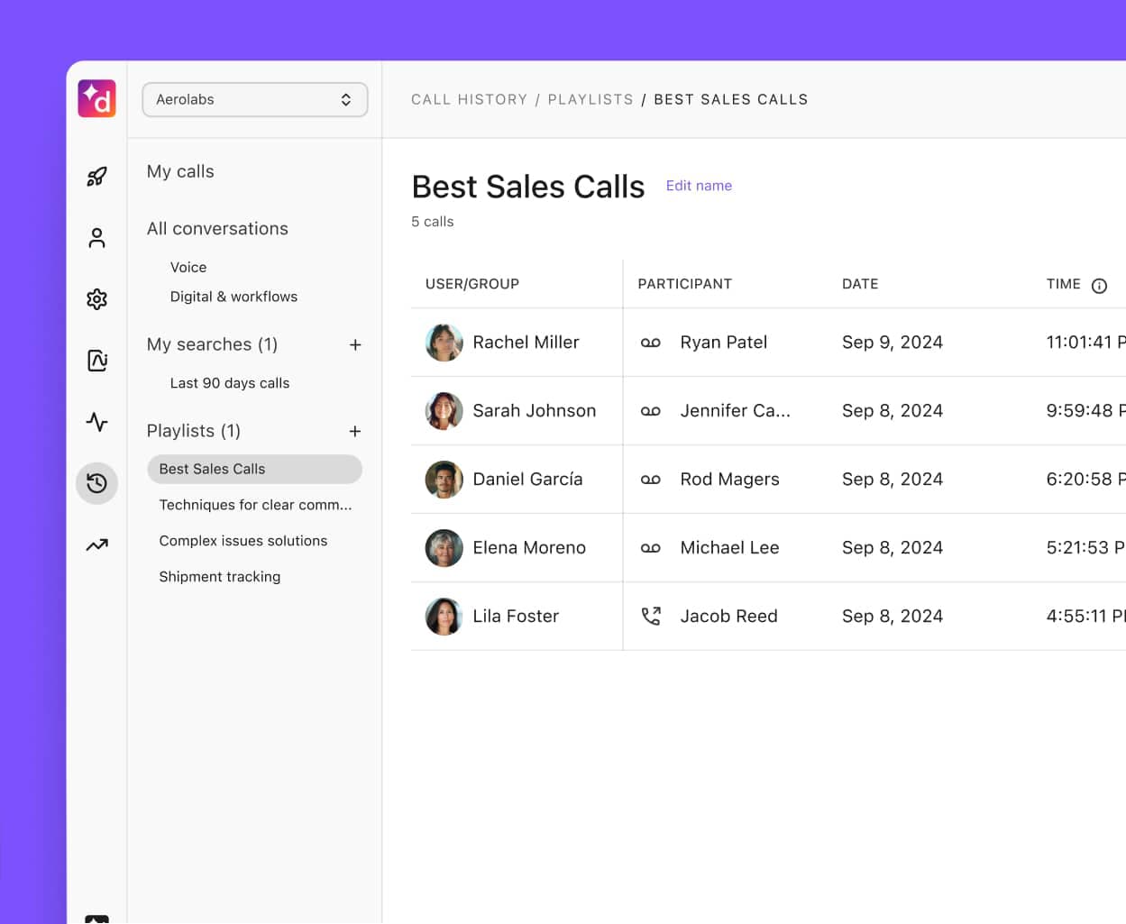 Creating a coaching call playlist in Dialpad