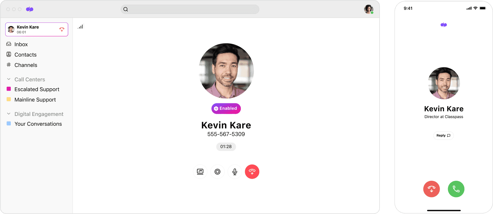Screenshot of Dialpad's call flip feature seamlessly flipping a call between a desktop and mobile app
