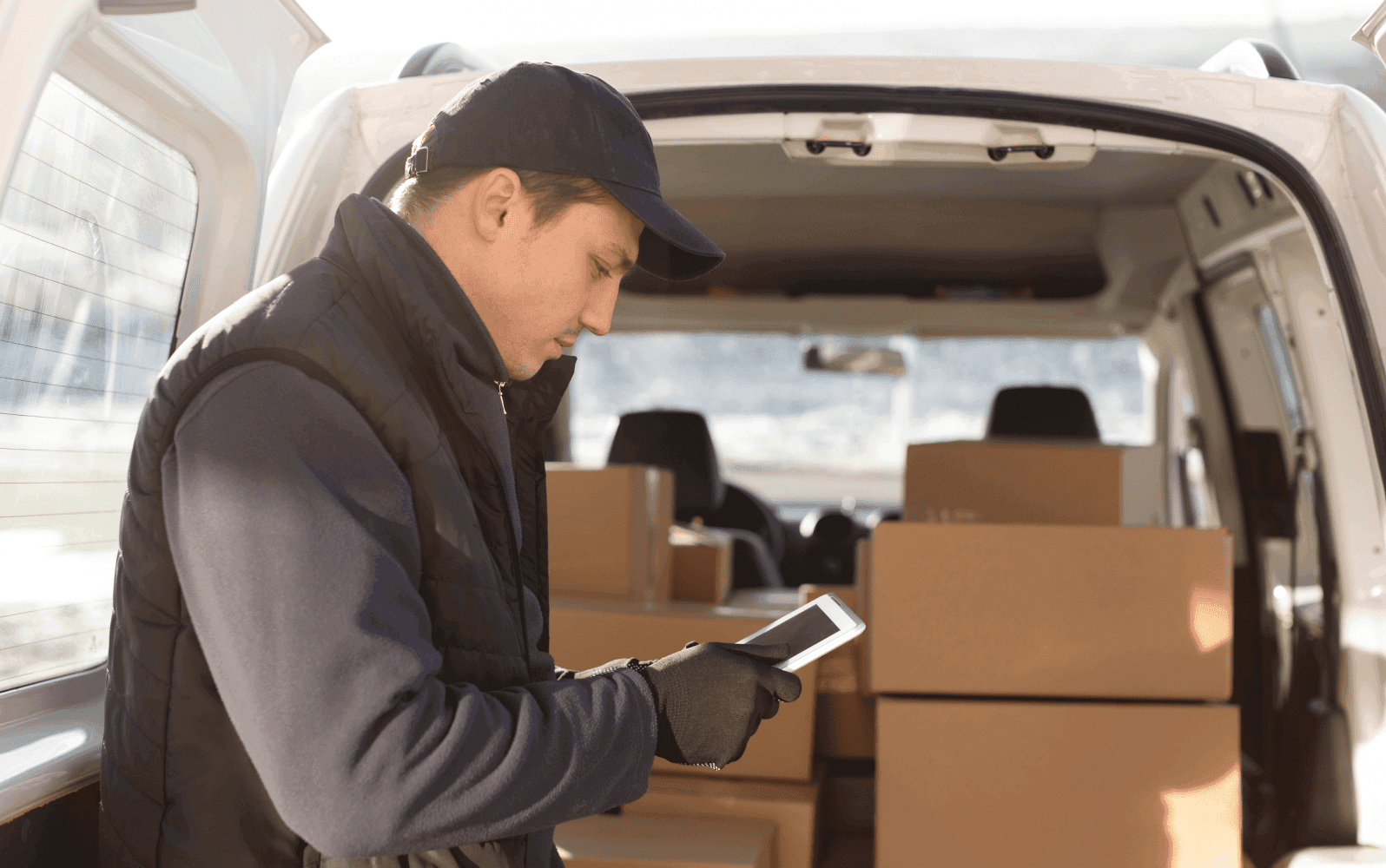 A delivery guy holding a tablet