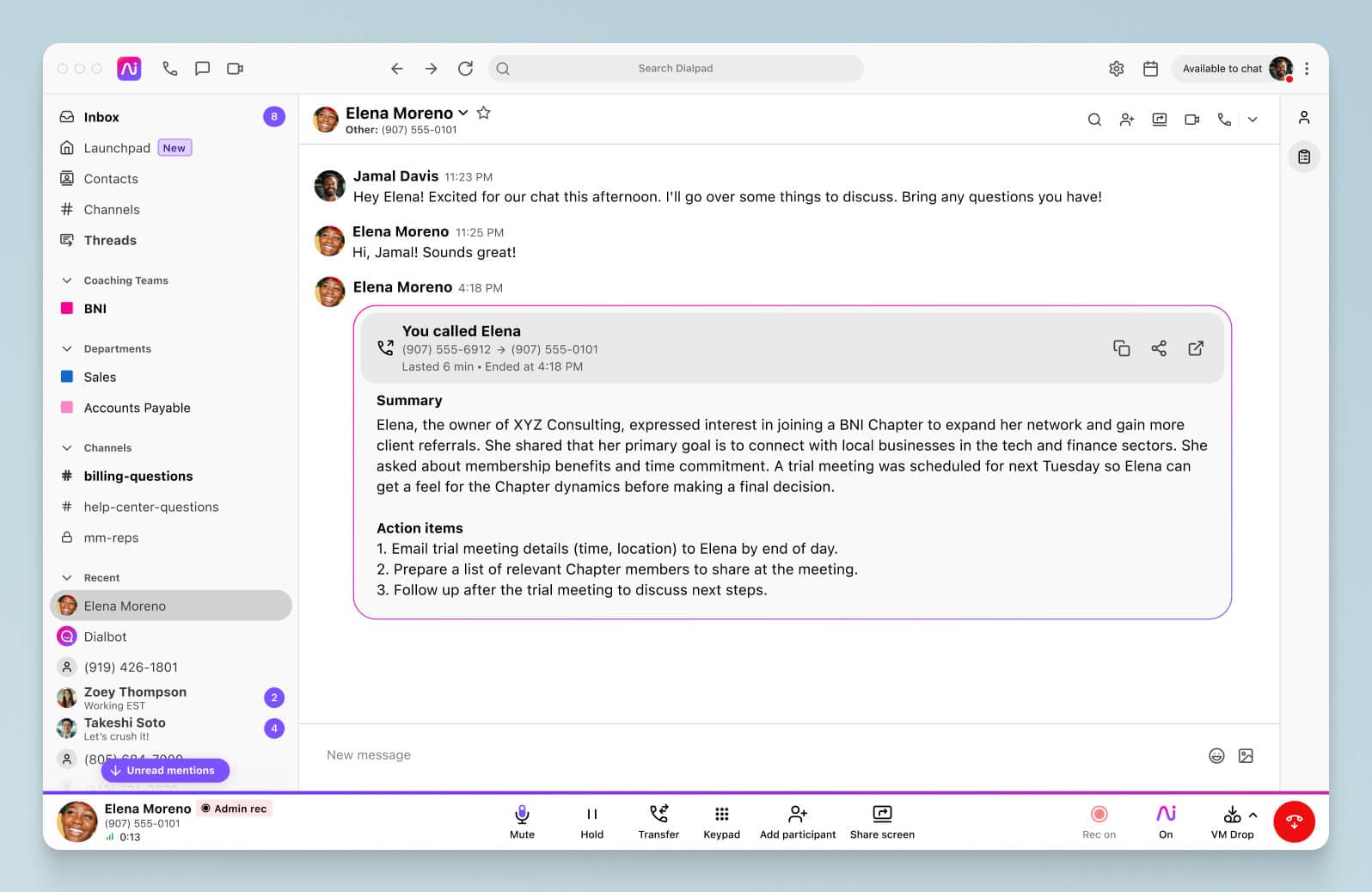 Screenshot of Dialpad Ai Recaps generating a summary and action items after a phone call ends