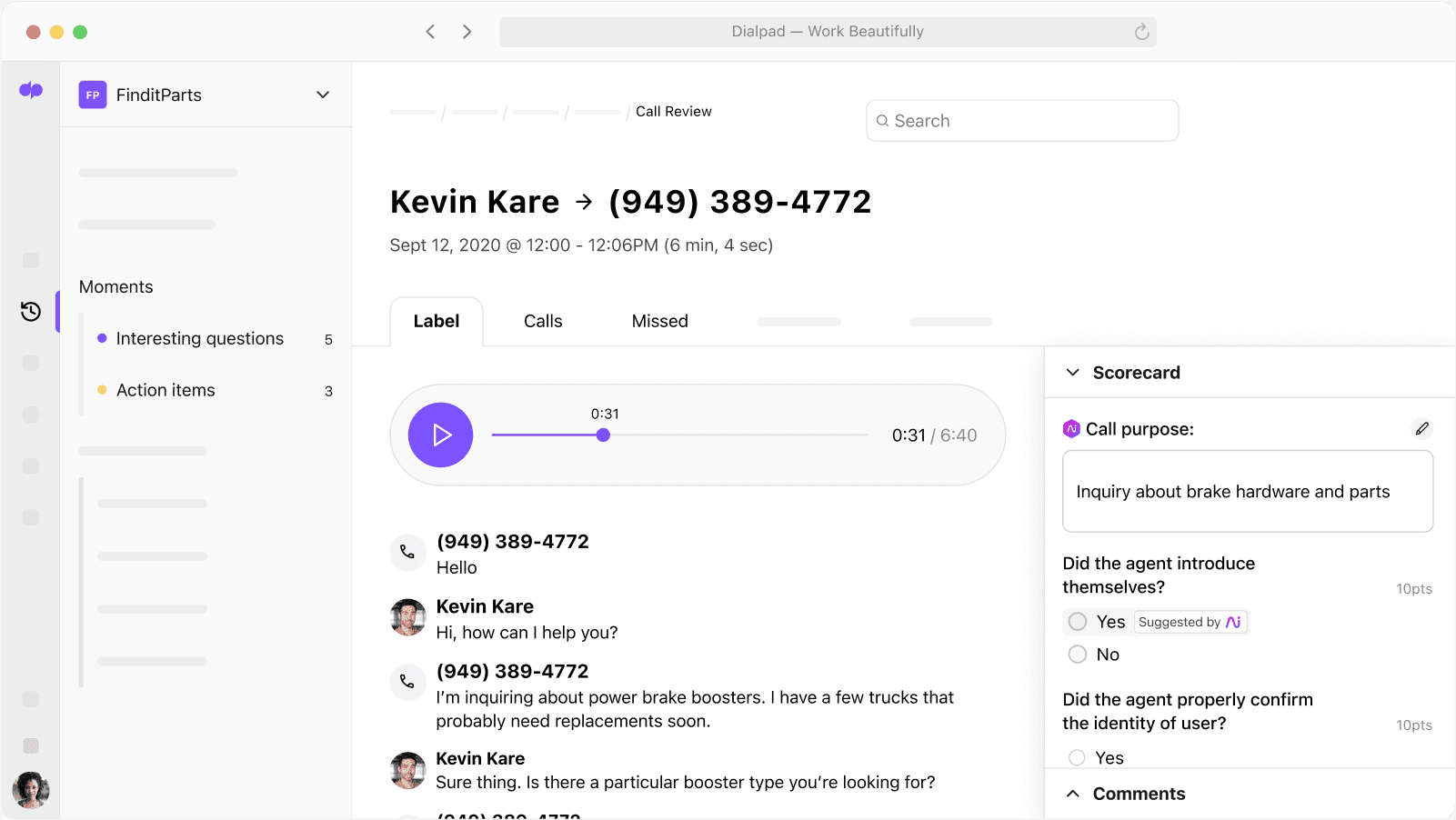 Screenshot of Dialpad Ai Scorecard showing which part of the call an agent met the criteria