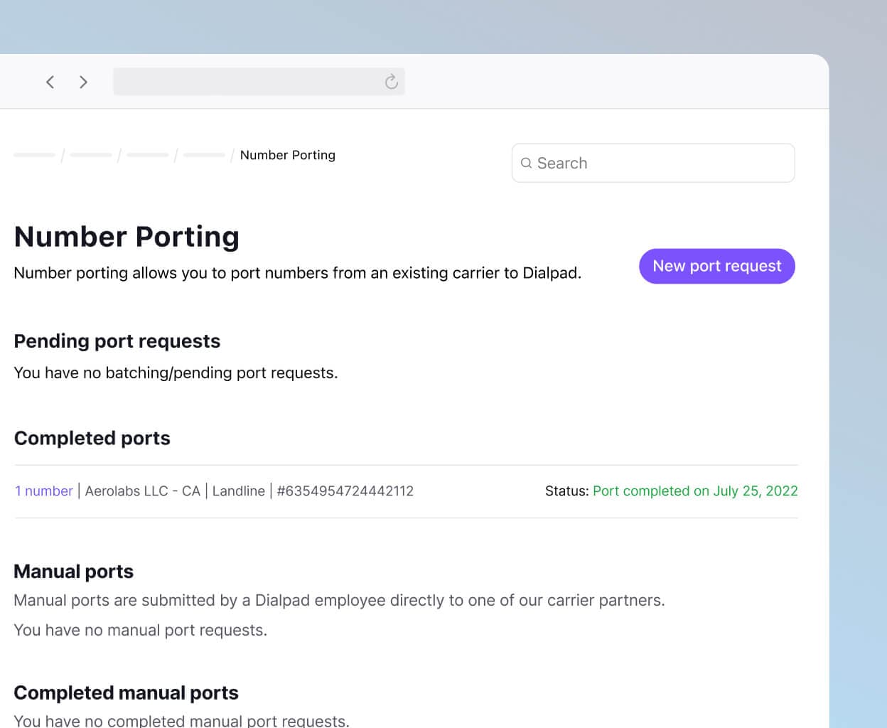 Porting a phone number from Dialpad's online dashboard.