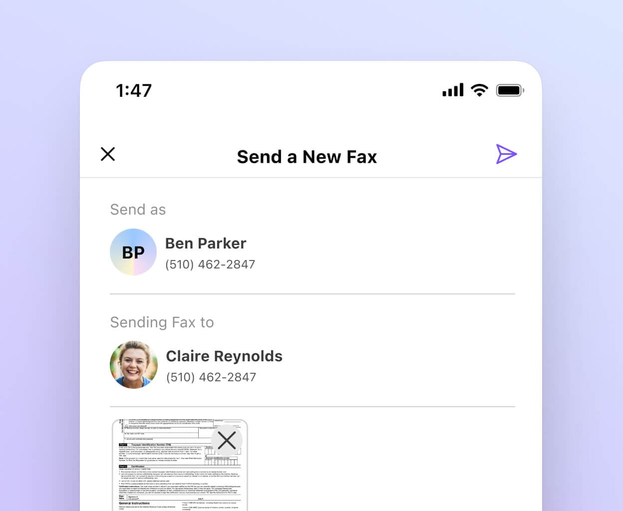 Screenshot of sending fax in Dialpad
