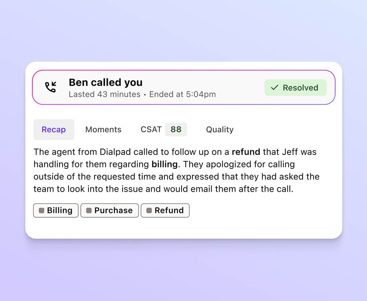 Screenshot of Dialpad Ai Recaps generating a summary after a phone call ends