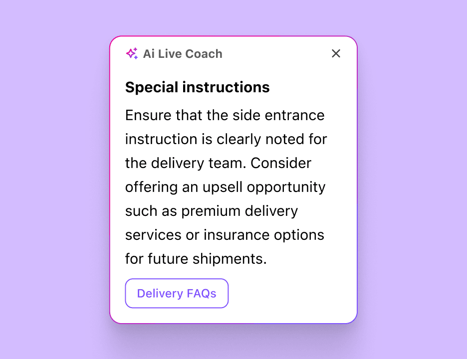 Ai Live Coach giving a human agent real-time instructions during a call