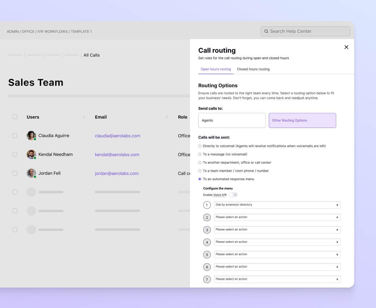 Screenshot of Dialpads call routing options