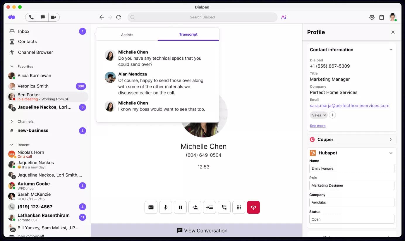 Screenshot of the the real time call transcription during a call on Dialpad