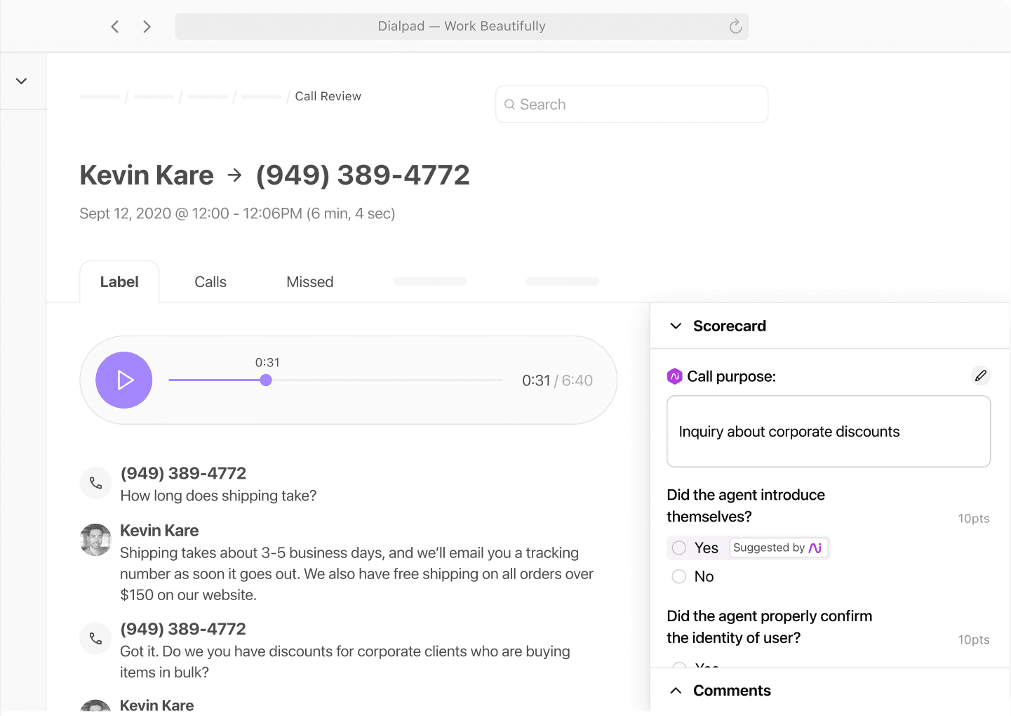 Screenshot of Dialpads Ai Scorecard feature