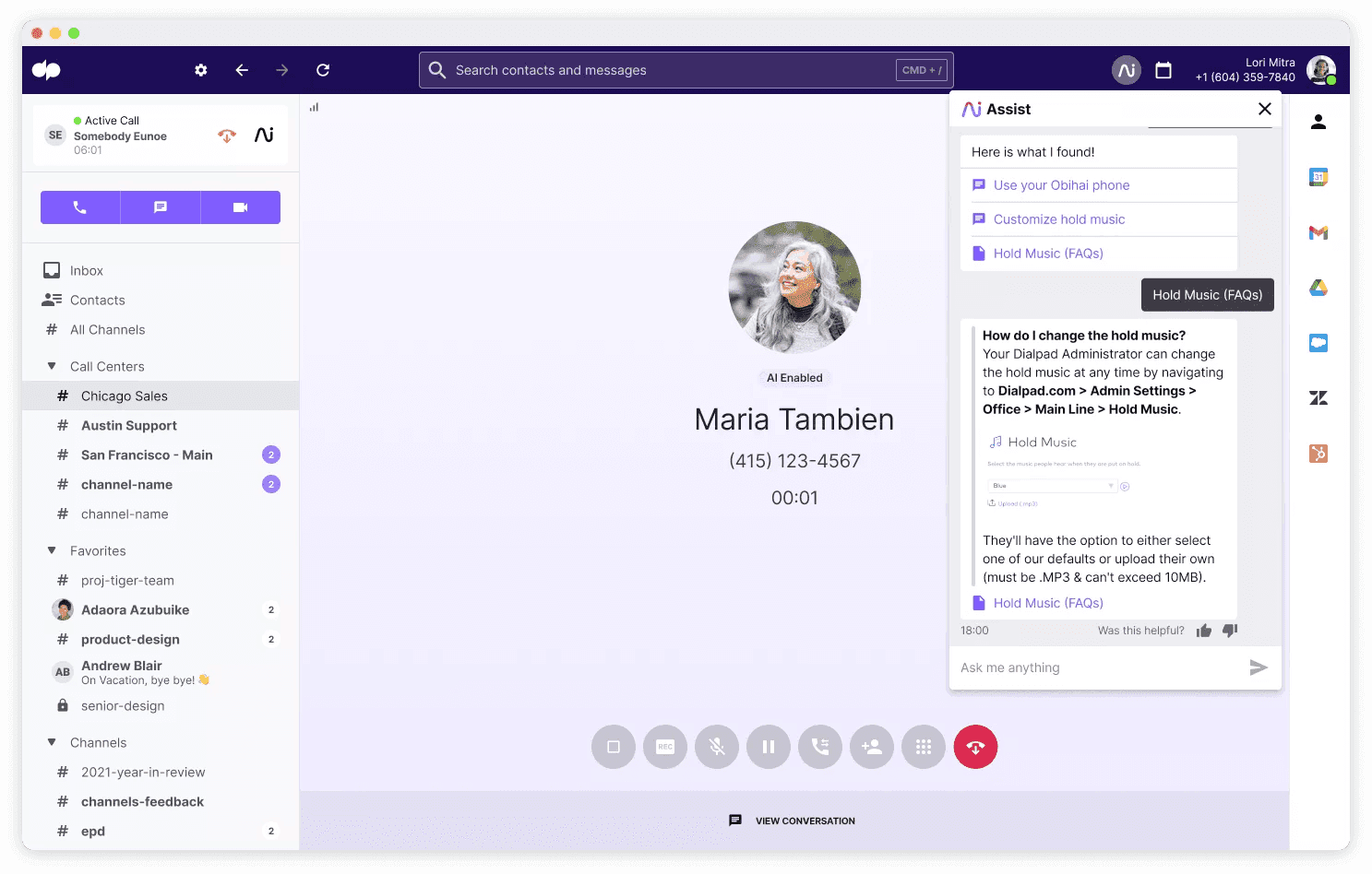 Screenshot of Dialpads Ai Agent Assist feature automatically searching for information to help an agent or rep in real time