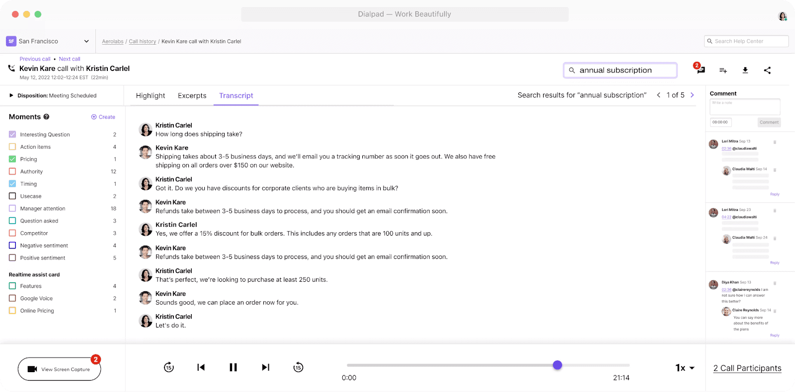Screenshot of Dialpads AI powered post call summary with transcript and recording