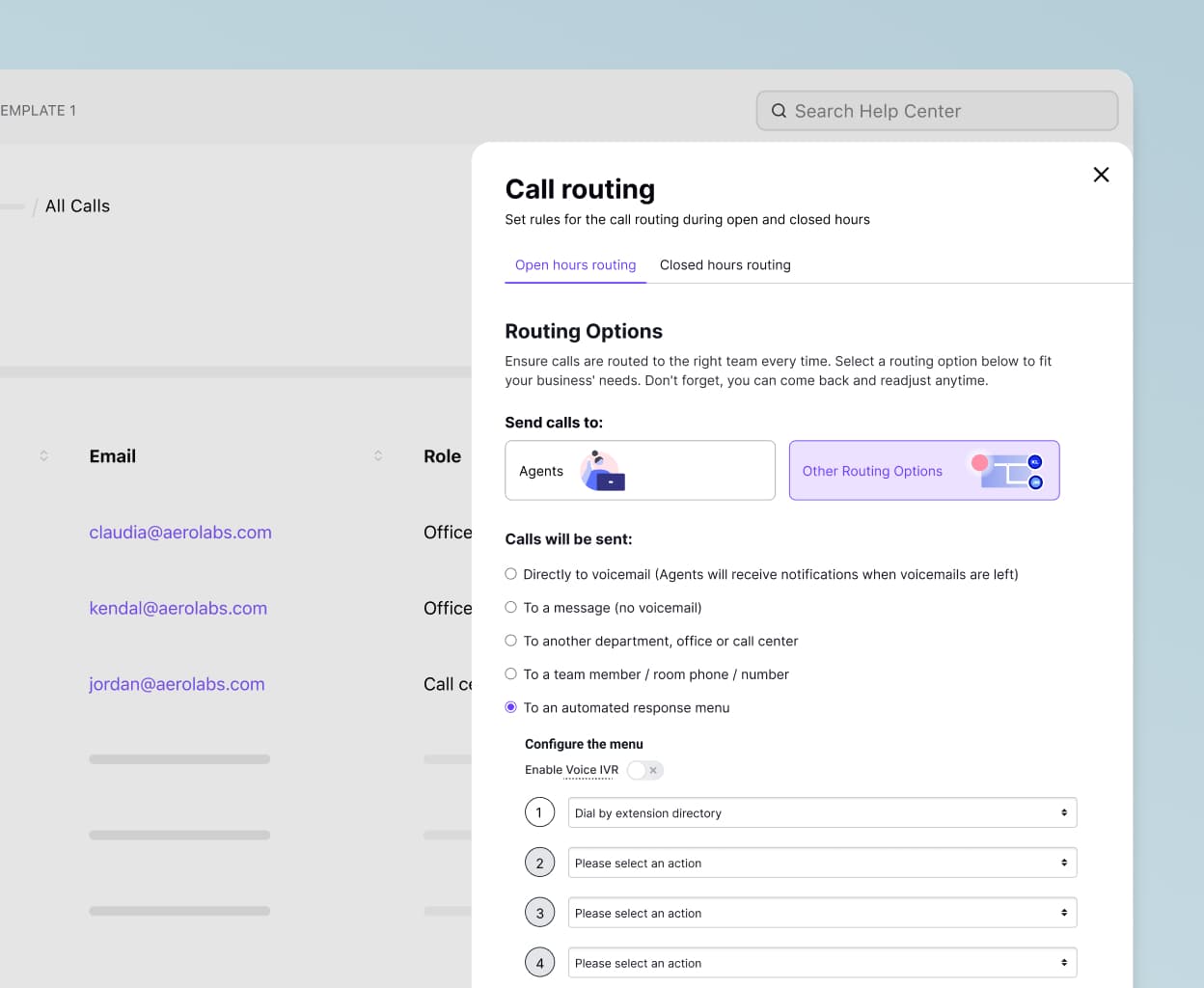 Screenshot of Dialpad's call routing options