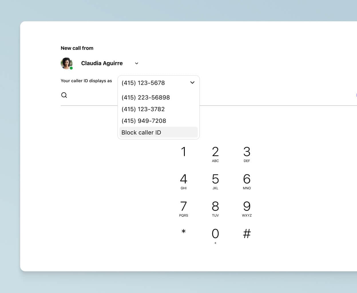 Choosing a caller ID to display when making a work call from one's personal cell phone using Dialpad's app.