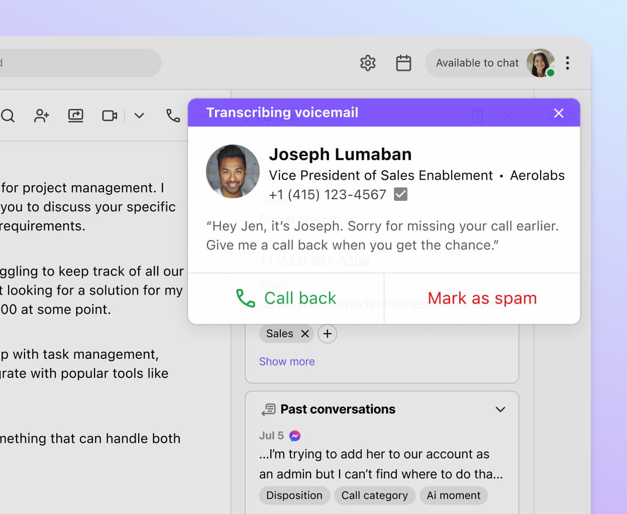 Screenshot of Dialpad Ai transcribing a voicemail message in real time