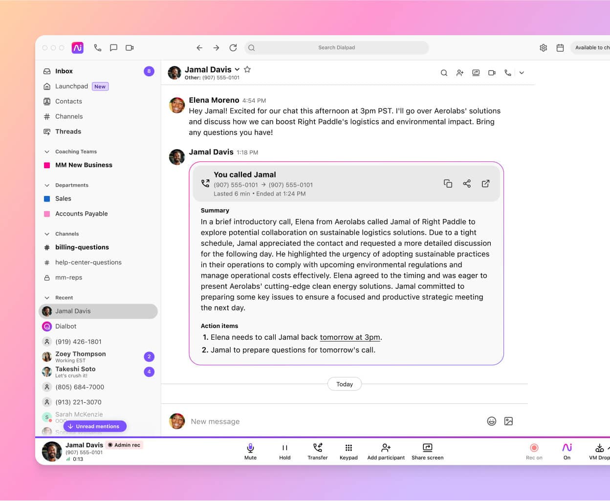 Screenshot of Dialpad AI Recaps generating a summary and action items after a phone call ends