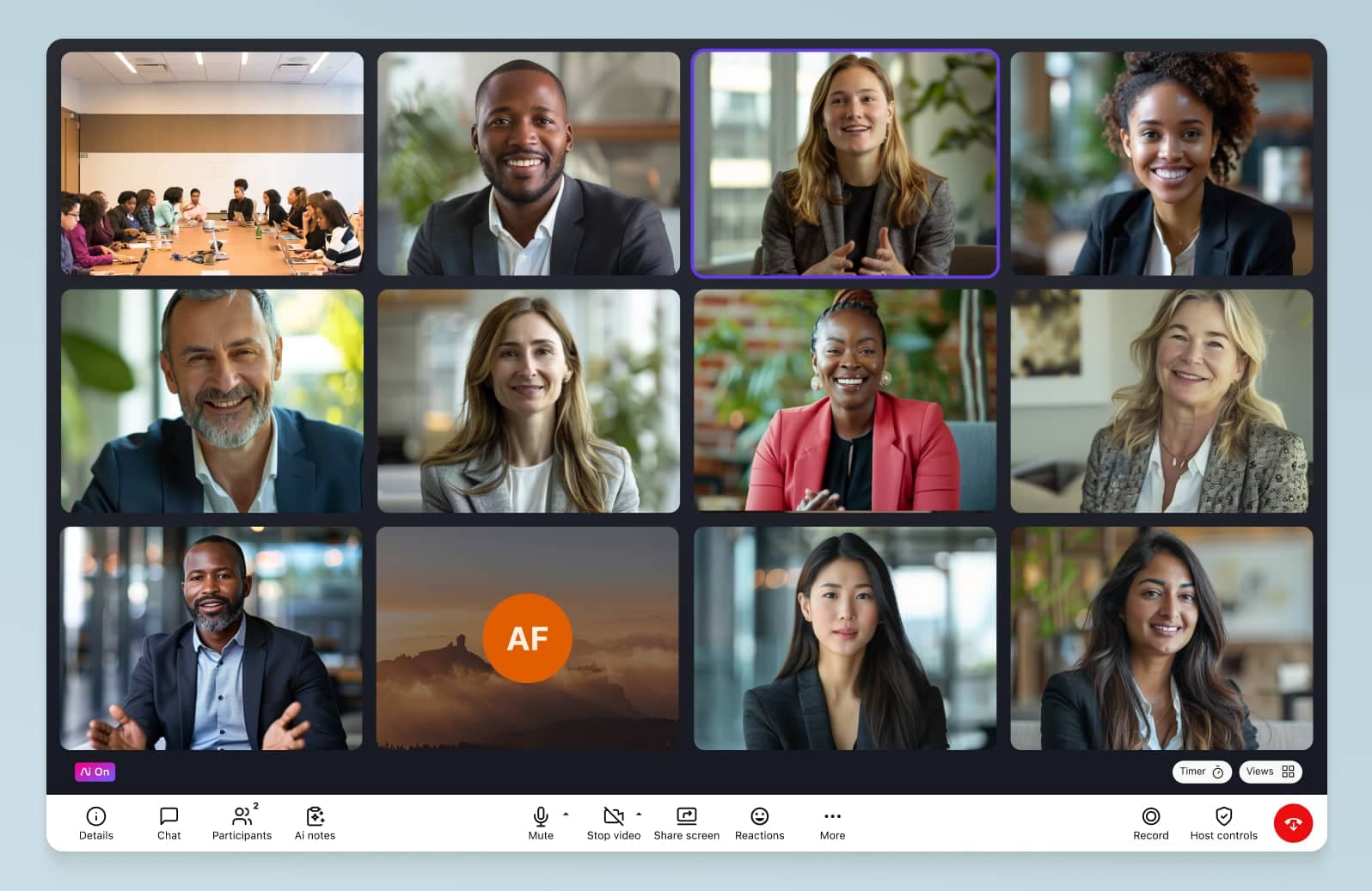 Screenshot of Dialpad's video conferencing feature in grid view, displaying multiple participant video feeds