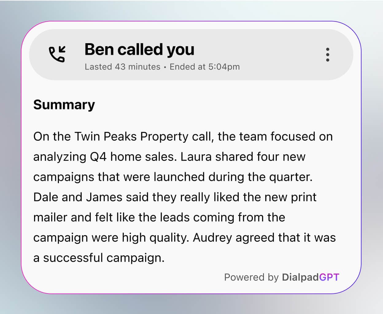 Screenshot of Dialpad Ai Recaps generating a summary after a phone call ends