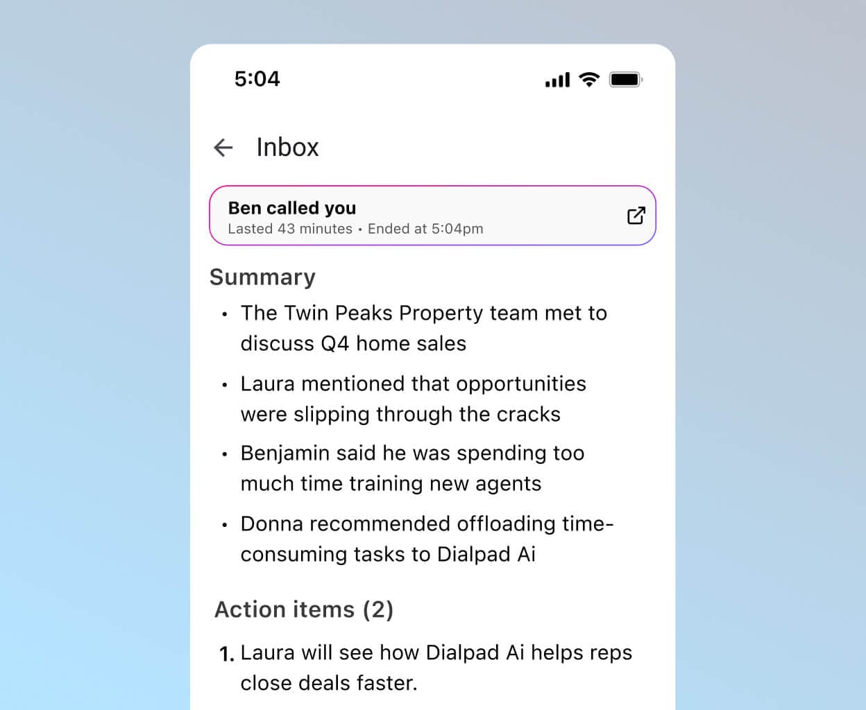 Screenshot of Dialpad Ai Recaps generating a summary and action items after a phone call ends